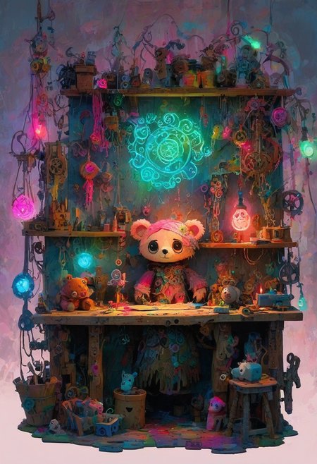 CreepyCuteMagical,   An enchanted toy workshop where broken toys come to life. The walls are covered in bright, colorful gears and magical runes, all glowing softly with neon pinks, blues, and greens. On the workbench, a half-finished doll with button eyes and stitched-up limbs sits upright, watching the craftsman with an eerie smile. Floating above the workshop is a giant, ghostly teddy bear with glowing eyes, gently guiding the enchanted toys. The craftsman is a young, quirky inventor with messy hair and a patchwork coat, surrounded by tools that float in midair. The lighting is warm but eerie, blending a sense of wonder with an unsettling edge.