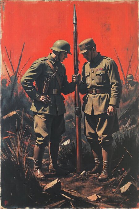 apoca1 illustration. 
a painting of two world war one British soldiers, are facing each other. The man on the left is dressed in a long sleeved, long-sleeved shirt, pants, and a hat, and he is holding a rifle in his right hand. His left hand is resting on his hip, while his right arm is bent at the elbow. The second man,  is facing the right, with his head turned towards the left. He is facing away from the viewer, and his shadow is cast on the right side of the frame. The background is a vibrant red, showing the devastation of a battle field. <lora:apocalypse_now1_fl_d4a2:1.0> <lora:Flux-Sch-SingleBlocks-BF16:1.0><lora:802368103846564340:0>