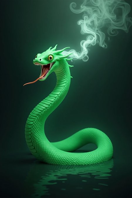 photorealistic surreal image of  a green bioluminescent snake emitting smoke from its body with its mouth open and its head in the air, inspired by H.P. Lovecraft, digital art, digital art, trending on deviantart, serpentine water monster, serpent body, jormungandr, naga-tirr, reptilian slime, serpent