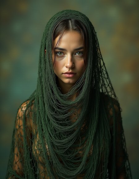 Realistic frontal symmetrical portrait of a woman from the front, she is covered with a large fisherman's net in the shape of a bag that hides her entire body, maximum detail in the folds and shadows, ochre and green tones, muted tones, balanced composition, movement, surrealism, neutral background, bokeh