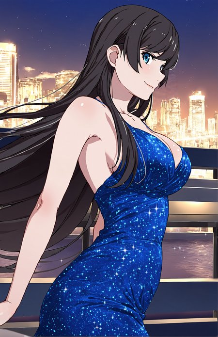 KizuStyle, 1girl, solo, black hair, blue eyes, evening dress, night club, smile, side view, looking at viewer, 
