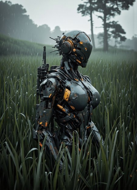 . A photo-realistic shoot from a profile camera angle about a futuristic robot standing in a rain-soaked field, wearing a dark, metallic armor with intricate details and glowing yellow accents. the robot, positioned in the middle of the image, appears to be a male, with a slim body and a helmet with a visor, standing in tall, green grass. the armor is detailed with various mechanical components, including a breastplate, shoulder armor, and a pauldrons, and is adorned with intricate designs. the background is a misty, overcast sky with trees in the distance, and raindrops are visible in the air, creating a dramatic and moody atmosphere. the image also shows a sense of depth and realism, with the robot standing out from the dense, overgrown field.