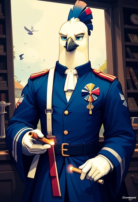 score_9, score_8_up, score_8, haze, bird, 1boy, uniform, male focus, solo, cigar, songbird,