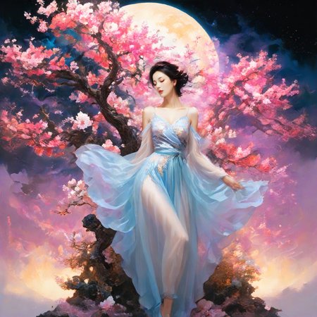 <lora:add-detail-xl:1.0>, 1girl, solo, dress, tree, moon, closed eyes, jewelry, black hair, see-through, cherry blossoms <lora:LangV2:0.85>, <lora:RuanV2:0.6>,