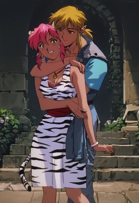 score_9, score_8_up, score_7_up, score_6_up, 1990s_(Style), 90s, Anime_Coloring, masterpiece, source_anime screenshot, duo, 1 girl, 1 boy, vivid colors, anime style, cartoon anime, source_anime, high-res, beautiful aesthetic, very intricate, high-quality details, vibrant, highly detailed, award-winning, professional, sleek and shiny, <lora:pink-ponyxl-v2:1>, single fang showing, sleeveless dress, white tiger print dress, pelvic curtain, cleavage, white cat ears, cat bell necklace, bright pink hair, tanned, white tiger tail, red sash, small breasts, leather shoes, detailed eyes, green eyes, detailed face, smile,  BREAK score_9, score_8_up, score_7_up, score_6_up, Masterpiece, source_anime, anime style, 1 girl, 1 boy, vivid colors, high-res, beautiful aesthetic, very intricate, high-quality details, vibrant, highly detailed, award-winning, professional, <lora:link:1> link1, link, pointy ears, blonde hair, blue eyes, medium hair, side locks, earrings, short ponytail, blue hylian tunic, grin
Break
In front of Medieval castle in ruins, pink and link standing for photo, hugging, kissing neck, night time, moon partially showing behind castle, front view, cowboy shot, whimsical, happy