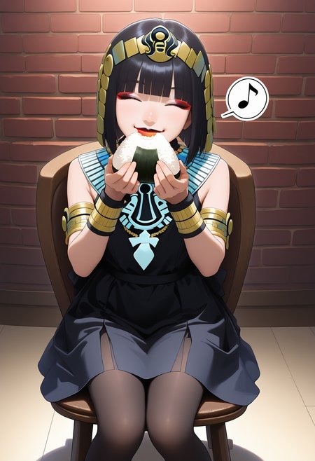 best hands, 5 fingers, <lora:Atropos_IL1.1:0.9>looking at viewer, smile, closed eyes, cowboy shot, Take a bite of the rice ball
Atropos, 1girl, solo, black short hair, blunt bangs, black eyes, Red and black lips, makeup, jewelry,
necklace, black sleeveless dress, bracelet, armlet, egyptian, black pantyhose, Black Pumps
realistic, realistic style,  sitting on chair, eating onigiri, spoken musical note
BREAK indoors, brick wall, shadow,