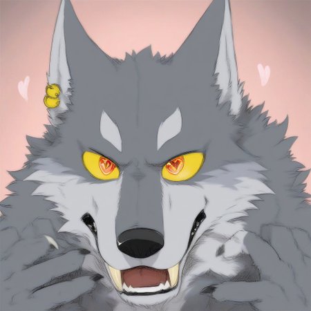 B0nk, furry, wolf, grey fur, yellow sclera, grey eyes, sharp teeth, fangs, earring, wolf tail, claws, heart-shape eyes