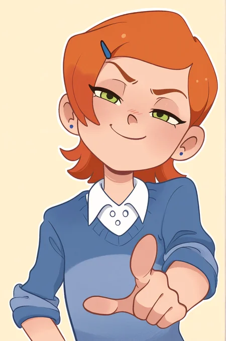 masterpiece, best quality, absurdres, 
1girl, gwen tennyson,  solo, oramge hair, short hair, green eyes, narrowed eyes, smug, pointing at viewer, looking at viewer, 
blue sweater, white collared shirt, sleeves rolled up,  head tilt,
 <lora:MSMLN-IL:0.75> msmln,