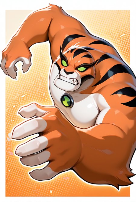 <lora:rath-10:1> rath, furry, 1boy, green eyes, green sclera, solo, no humans, , fangs, orange fur, sharp teeth, big arms,   no pupils, big body, orange background, clenched teeth, dynamic pose,, upper body, halftone effect, white borders, abstract background:1.2,, masterpiece, best quality, amazing quality, very aesthetic, absurdres, newest,
