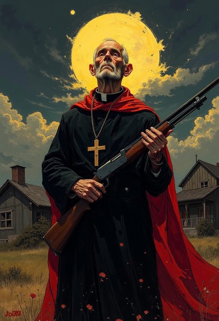 DB4RZ style painting Medium shot of a portrait from knee level. Skinny old man, Catholic priest. He is exhausted after a fight, holds a shotgun in front of him. dark Night. Clouds in the sky. The moon behind the priest's head is like a halo on an icon. In the background Damaged modern houses in the countryside. Blurred background. Black, red, yellow palette. Detailed drawing in comic book style.. <lora:paintart-style-004:0.6> <lora:fantastic-realism:0.35> f4nt4st1c