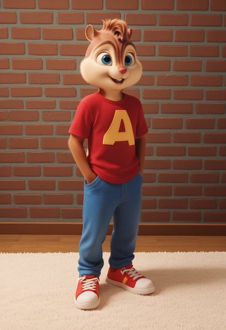 Score_9, score_8_up, score_7_up, source_furry, Alvin Seville, chipmunk, chipmunk male, furry male, furry, 3d, render, movie screencap, blueeyes, red t-shirt, blue jeans, sneakers, tail, hands in pockets, large feet, floral wall , carpet, windows, <lora:Alvin _Seville __Alvin_and_the_Chipmunks__CG_Movie_version:0.8>