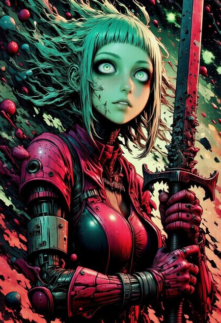 A moody manga sketch in soft vibrant Neon pastel turquoise/green/pink tones, showcasing a desolate female cyborg robot. Her joints are composed of intricate wires, metal, and synthetic materials, partially concealed by remnants of a battered armor plating. She holds a mysterious, powerful sword toward the viewer, which is dramatically disintegratingral-dissolve dissolving  into dust and being carried away by the wind. High contrast emphasizes her silhouette against a moody, atmospheric background, with cinematic motion lines capturing the swirling dust and movement. The composition is striking, evoking a sense of drama and mystery, with a focus on the cyborg's determined gaze and the fleeting remnants of the sword. reedyart, nistyle, ral-rbotth, teeth