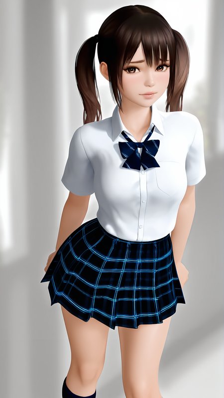 amazing quality,absurdres,best quality,masterpiece,highres,newest,detailed,detailed body,detailed face,solo,3d,realistic, 
3ribishoujo,1girl,school uniform,skirt,socks,brown hair,brown eyes,plaid skirt,kneehighs,<lora:3ribishoujo:0.85>,