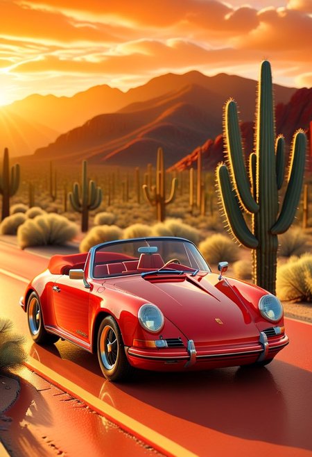 ispzxll, diorama, isometric, miniature, volumetric lighting style, intricate details, wide angle, ultra-detailed, bright red porsche convertible sports car, light tan interior, arizona desert highway, long straight road, palms, massive cactus, tumbleweed, wet pavement, reflective surfaces, bright headlights, glossy, golden hour, long shadows, fluffy clouds, sun rays shining through clouds, 8k