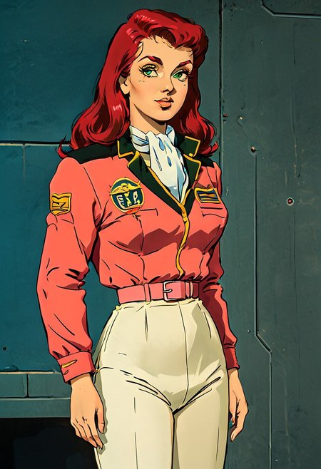 solo, looking at viewer, spaceship interior, G0080CM, red hair, green eyes, long hair, breasts, military uniform, pink jacket, white ascot, pink belt, white pants,