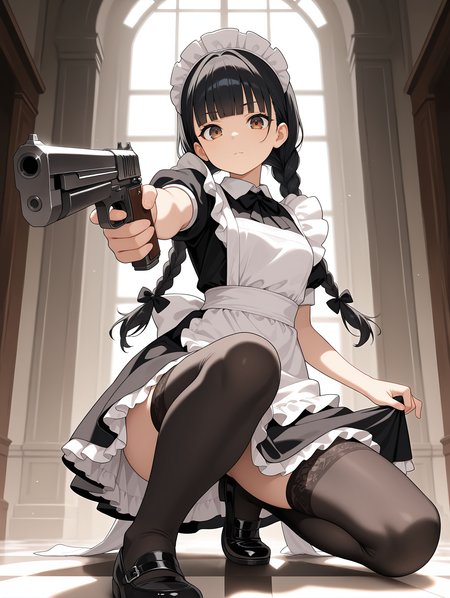 1girl,solo,black thighhighs,suspenders,weapon,maid,holding,frills,apron,holding weapon,black footwear,dress,black dress,black hair,maid headdress,bangs,braid,one knee,twin braids,holding gun,white apron,ribbon,bow,long hair,closed mouth,gun,thigh,looking at viewer,brown eyes,foreshortening,maid apron,twintails,blunt bangs
,masterpiece,best quality,amazing quality,