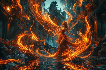 Close up photo of a ((fire fairy)) gliding over molten lava, reflections in the water, background volcanos, night scene. in the style of double exposure, Art Nouveau, long exposure, layered lines, chiaroscuro, absurdres, Long_Exposure ral-exposure, <lora:ral-exposure-sdxl:0.700000>