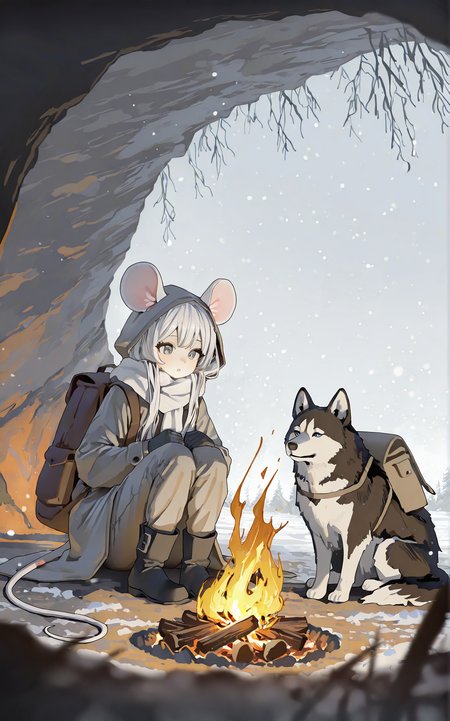 1girl,solo,petite,sitting,Facing the campfire,looking at campfire,backpack on ground,white hair,white mouse ears,long hair,(beautiful_detailed_eyes:1.3),grey eyes,mouse tail,mouse girl,parted lips,Thick coat,Warm pants,black footwear,gloves,campfire,(indoor:1.1),hiding from the Blizzard in the cave,(Narrow cave:1.2),snowstorm,hood,white scarf,dog,(Husky:1.1),cinematic_angle,best quality,masterpiece,Cinematic Lighting,Single light source(bonfire),depth_of_field,absurdres,wallpaper,grey theme,ningen mame,<lora:rafaelaaa:0.6>,
