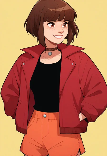 score_9, score_8_up, score_7_up, 1girl, solo, Nadia,  source style, bob cut, freckles, brown hair, brown eyes, jacket, red jacket, black shirt, shorts, salmon shorts, choker, jewelry, smiling, medium breasts