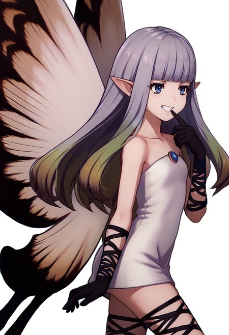 score_9, score_8_up, score_7_up, source_anime, BREAK 1girl, grin, finger to mouth, <lora:zs_EngagePortraitsXL:1> engageportraits, portrait, white background,  <lora:AiryBD-pdxl:1> airyBD, long hair, blunt bangs, gradient hair, pointy ears, white dress, short dress, strapless, fairy wings, black gloves, fishnet gloves, fishnet thighhighs