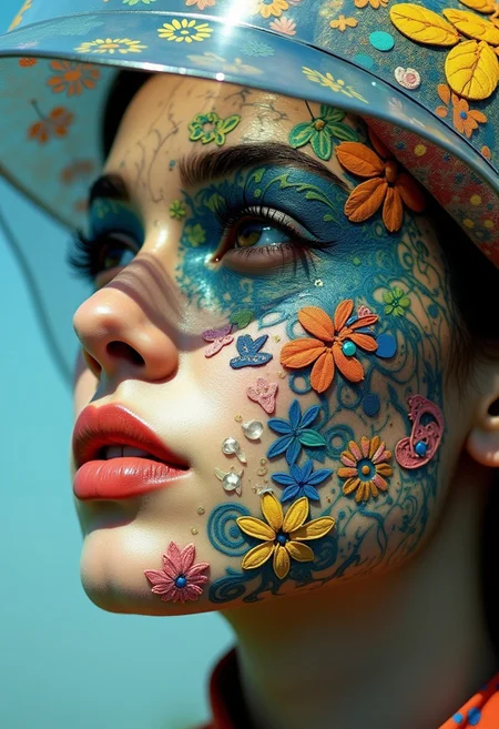 close-up, female face, abstract shapes, floral designs, and symbolic icons, mix of textures, floral patterns, enigmatic, colorful