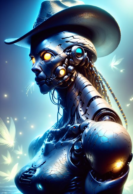DonMF15hyXL,  score_9, score_8_up, score_7_up, score_6_up,  female soul binder, biomechanical hackers, expert hackers merged with biotechnology, wired into cyberspace, golden age, broad-shouldered, gypsies, hazel eyes, asymmetrical ears,  pointed chin, v-shaped jaw,   oblong face shape,   cheekbones, chestnut waterfall braid hair, loneliness, cybernetic flex, character flexes bionic-enhanced muscles, showcasing their cybernetic strength,  wearing  cyber-metallic skinny pants, cyberpunk glyph pattern techno-lace crop top,  nanofiber fringe cowboy hat, , relaxed rest, character sits or leans against a surface, looking calm and at ease, augmented reality dj den,  slate, fireflies,string lights (fairy lights), garden lighting, post-cyberpunk,   rating_safe, <lora:DonMF15hyXL-pony:1.0>