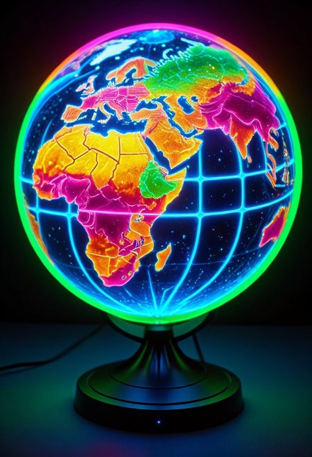 An epic photo of an avant-garde bioluminescent world globe, neon color, masterpiece, best quality, highly detailed, sharp focus, dynamic lighting, flux-style,