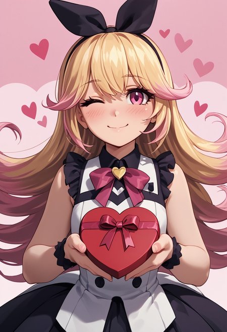 score_4,score_5,score_6,score_7_up,score_8_up,score_9 ((masterpiece,best quality,ultra detailed,highres,HD,4k:1.2)), 
1girl, solo,solo focus,girl focus,face focus,
Zonda,dark pink eyes, blonde hair, long hair, hairband, ribbon, multicolored hair, pink hair tips, bangs,very small breast,
pov,from the front, front view, front angle, 
Happy Valentine's Day, Valentine's chocolate, holding wrapped chocolate, 
heart background, 
blush,((wink:1.1)), smile, happy, shy,closed mouth,