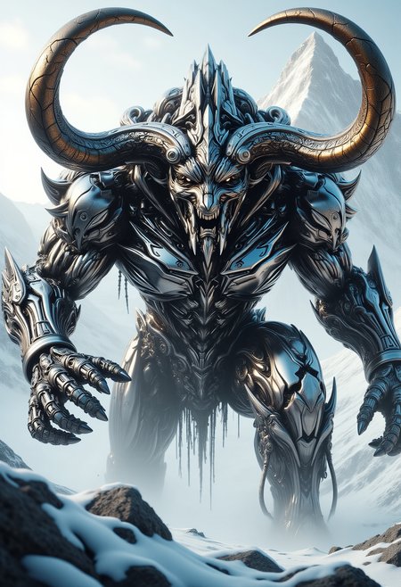 surreal rendition of a minotaur of biomechanical origins, corrupted D&D style, fantasy, digital art, studio lighting, intricate details, artistic, close-up,  dynamic composition, intense, luxurious, great composition, shiny, snowy mountain background <lora:Dever_Flux_Enhancer:0.5> <lora:dvr-transformers-flux:0.8>
