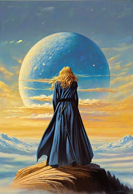 1woman, blonde hair, the grim reaper, facing away, rocky hill, standing, black robe blowing in the wind, clouds, sky, sunset, stars, cosmic, in meditation, ultra detailed landscape, bright yellow energy surrounding surrounding her, volumetric lighting, ultra detailed clothes, ultra detailed body, ultra detailed hair, an ancient city made of blue crystals is in the distance, serenity, holding a sword, glowing,
by Natalia Rak and Barclay Shaw in the style of Jessica Rossier,  <lora:EnvyAnimeWatercolorXL02:0.60> ,   Elmore_Style_LX <lora:Elmore_Style_LX-000011:0.60>
