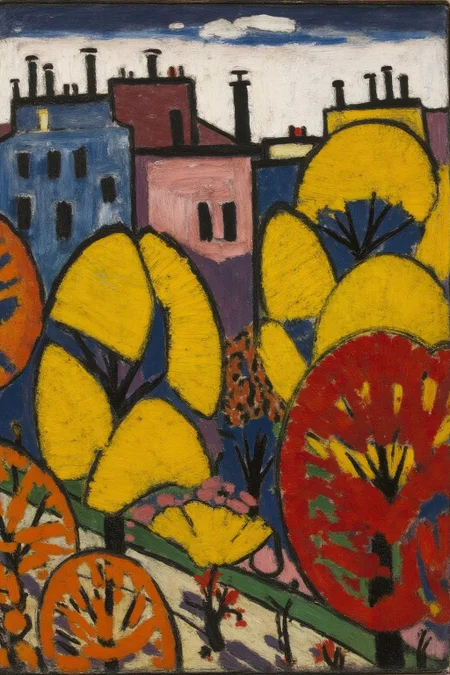 henrylymansayen1 painting.
A cityscape with buildings painted in blue, pink, and yellow. The buildings have windows and chimneys outlined in black. In the foreground, there are trees with bright yellow, red, and green leaves. The background includes a dark sky with a few clouds. <lora:henrylymansayen1_cap_d6a3:1.0><lora:861461042734093231:0>