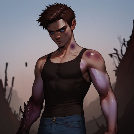 (score_9, score_8_up, score_7_up). (line work, excellent drawing, highest quality, extremely detailed:1.2). solo, a man watching his arm be corrupted. 1boy, brown hair, short hair, blue eyes, jeans, tank top, gradient skin, corrupted_arm,  claws, spreading corruption, spreading infection, infected hand, infected forearm, charred skin, (dark hands), bruised hand, black fingers, dark forearm, purple veins, pale skin, thin, injured, serious, relaxed posture, g0thicPXL, romantic, source_cartoon, outdoors, night, dark, moonlight, medium distance, cowboy_shot, semirealistic, side angle, depth of field