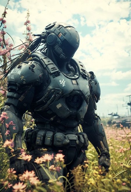CloseUp, Rearview, Metal gear Solid, wired-cyborg snake, Walking along a flower field, giant tank opens the blue Sky, cloudy, bright, high contrast, overgrown sci-fi Tokyo, 90s Look, very detailed, hd, volumetric lighting, 4esthet1c background, ultra detailed, deep Blacks, very detailed, atmospheric haze, Film grain, cinematic film still, shallow depth of field, highly detailed, high budget, cinemascope, moody, epic