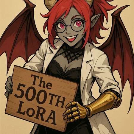 Starting point to make her in IL: 1girl, succubus, grey skin, goth, goth girl, goth makeup, grey colored skin, red hair, demon girl, horns, wings, bat wings, demon wings, red wings, lab coat, coat, single mechanical arm, glasses, round glasses, ponytail, high taied ponytail, side bangs, Oneprostethicarm, pink eyes, amputee, prosthesis, prosthetic arm, medium breasts, pointy ears, hand on hip

Prompt for GPT: Using those pictures as a refrence for a character generate her holding a plank with a text "The 500TH Lora" 
Focus on keeping those features: open labcoat that show black, gothic dress under it,
Round glasses, 
pink eyes, 
red hair and demon wings, 
Pink eyes,
Left hand in her natural - grey skin color, while right arm is prosthetic and made of golden metal 
Give her more dynamic pose, leaning slighty towards viewer, Make her look intro viewer direction with a smile, make her hold the plank with both hand and lean more intro viewer direction, make a perspercivte a bit side view