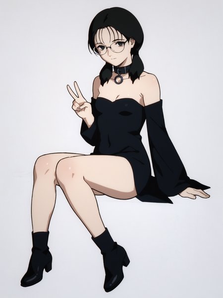 woman, 20 y/o, 20 year old, 20 year old woman, adult, score_9, score_8_up, score_7_up, score_6_up, score_5_up, BREAK masterpiece, high quality, white background, solo, <lora:Yomoda_Chisa_PDXLv1-e89:0.8> yomoda chisa, glasses, gothic, peace sign, small breasts, black dress. white dot dress, full body, sitting, black footwear, black collar, death girl, thighs, strapless, long sleeves