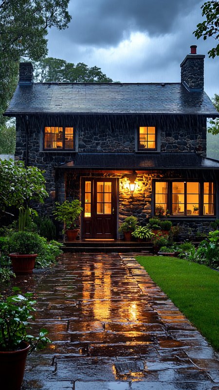 The image depicts a charming, rustic two story house during what appears to be a rainy evening. The house is constructed with stone walls, giving it a sturdy and timeless appearance. The roof is covered with dark shingles, and there is a prominent chimney in the middle of the house. The front door is made of dark wood and features glass panels, allowing a warm, inviting light to spill out onto the wet stone pathway. The door is flanked by two large windows, also with glass panels, which further illuminate the entrance and a side lantern style light attached to the front. The 2nd floor has windows which are illuminated from within. The pathway leading up to the house is made of stone and is wet from the rain. The stones are irregularly shaped and laid in a natural, uneven pattern. The rain creates reflections on the wet surface, adding a sense of tranquility and freshness to the scene. Surrounding the house are various potted plants and shrubs, adding a touch of greenery and life to the setting. Some plants are placed directly on the pathway, while others are positioned near the entrance. The foliage is lush and vibrant, suggesting a well-maintained garden. In the background, there are trees with dense canopies, a small outback building, and the sky is overcast with rain clouds, enhancing the cozy and serene atmosphere of the scene. The overall mood is peaceful and inviting, despite the rainy weather.