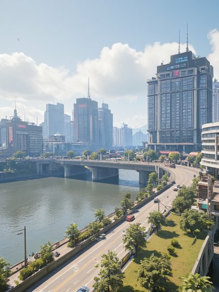 citybkg, cyberpunk, photo, day, clouds, sunny, ambiance, detailed, futuristic, elevated highway, front view, river, shore, street, high buildings, houses, vegetation, <lora:City_Worlds:1>