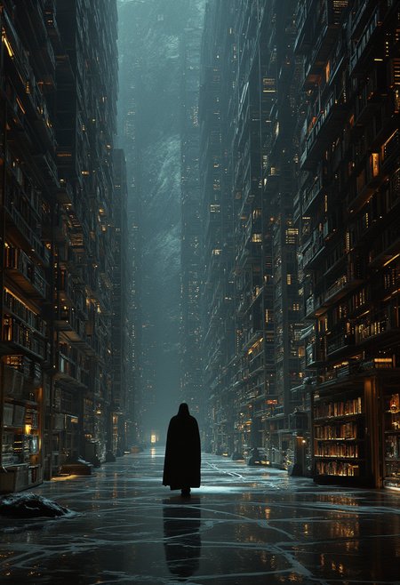 A massive library stretches endlessly in all directions, its towering shelves vanishing into the infinite darkness above and below. Each shelf glows faintly, illuminated by countless tiny lights that resemble distant stars, creating the illusion of a galaxy embedded within the walls. The books themselves shimmer with a soft, otherworldly light, their covers inscribed with intricate runes and symbols that pulse faintly as if alive. Each book holds the story of an entire civilization, its pages containing the rise and fall of empires, the dreams and despair of countless beings, and the mysteries of forgotten worlds. When a book is opened, holographic scenes emerge from its pages, floating in the air like living memories. These projections shift and evolve, depicting grand cities, cosmic battles, and serene landscapes, as well as the eventual decay and collapse of those civilizations. The air hums softly with the whispers of countless stories overlapping, a symphony of knowledge echoing through the infinite space. A single librarian moves silently through the aisles, their form cloaked in shimmering starlight, blending seamlessly with the celestial glow of the library. Their movements are fluid and purposeful, tending to the books as if each one holds a fragment of their own existence. Their face remains obscured, a veil of light masking their features, but their presence radiates wisdom and quiet reverence for the knowledge they guard. In the vast, ethereal space, the library seems alive, its shelves shifting subtly as if adapting to the thoughts of those within. The floor beneath is a reflective surface, mirroring the glowing shelves and creating the illusion of standing amidst an infinite sea of stars. The atmosphere is both serene and awe-inspiring, a testament to the boundless depths of knowledge and the fragility of the civilizations it chronicles... 

with rays of sunlight breaking through the hazy atmosphere. a masterpiece. mythp0rt, 

 An otherworldly atmosphere.
(Depth of field), low saturation, detail. mythical, stylish, charismatic. ,
, masterpiece, ,Image quality, , CPA,
UNI_SCI_FI_CORE.
