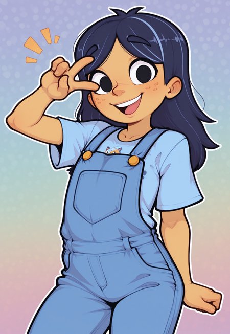 1girl, solo, bluey heeler, bluey, dark blue hair, light blue hair, black eyes, ferckles, freckles, light brown skin, smile, looking at viewer, dynamic pose, v, cute, masterpiece, best quality, highres, upper body, detailed, shortalls, abstract background, dynamic, colorful, open mouth, t-shirt, playful, PL3B3TYLE,
