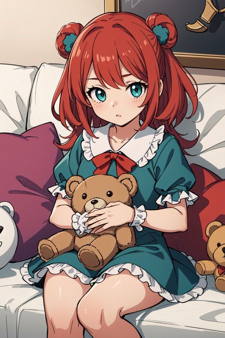 (masterpiece, best quality),  intricate details,
1girl,   <lora:annielol:1> annielol, annie \(league of legends\),  AS-Youngest, (stuffed animal, teddy bear), red hair, green eys, purple dress with white collar and frilly cuffs,