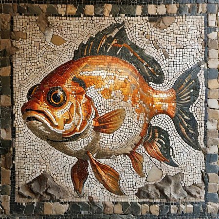 cinematic photo mosaic of a  big Gold fish <lora:Roman_Mosaic:1.0>, 35mm photograph, film, bokeh,  professional, 14k, highly detailed