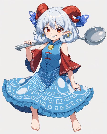 toutetsu yuuma,1girl, red_sleeves, sharp_teeth, oversized_object, red_horns, horn_ribbon, barefoot, solo, detached_sleeves, patterned_clothing, blue_dress, sheep_horns, earrings, simple_background, white_background, grin, looking_at_viewer, horizontal_pupils, full_body, sitting, blue_ribbon
<lora:toutetsu_yuuma_image1106_2023-12-20-000014:1>,star-shaped_pupils,symbol-shaped_pupils,. gorgeous,key visual, vibrant, studio anime,award-winning, professional, highly detailed,high budget, cinemascope