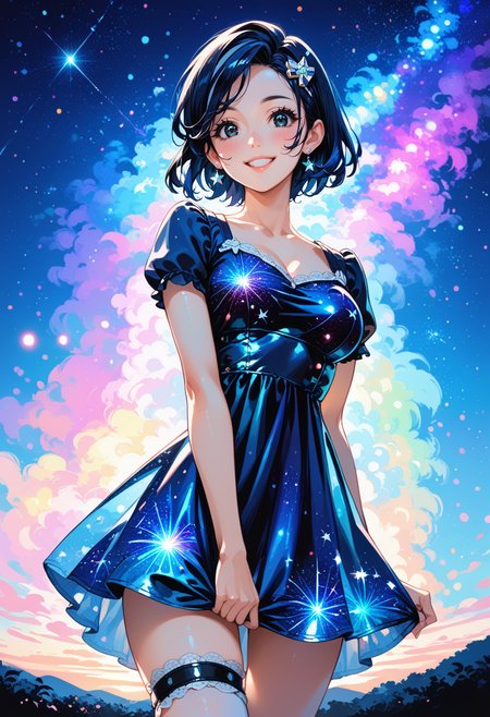 (score_9, score_8_up, score_7_up, masterpiece,source_anime, best quality, perfect anatomy, very aesthetic, ((outlined outlined vector graphics)), source_anime, black theme,
1girl,20yo, black hair, black eyes, short bob hair, hair pin,mdeium  breast, slender,(white thigh strap:1.1),(black clohtes:1.1),,outdoors,  blush, cowboy shot, galaxy, gradient sky, glittering, glimmering, glowing , aetherical, looking at viewer, milky way,starry night, night, night sky, sky, smile, solo, star \(sky\), star \(symbol\), starry background, starry sky, starry sky print,starrynightdress, starry night dress,aqua  dress,,  
<lora:starry-night-dress-01:1.2>,( short sleeve dress:1.2)