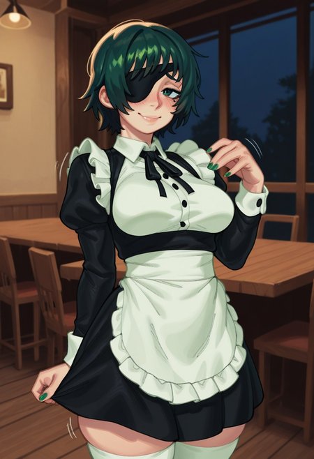 fine detail, high quality eyes, amazing quality, very aesthetic, high resolution, Masterpiece, best quality, (eigaka:0.6), (S4s4k1Nsfw), 
solo, looking at viewer, front view, shy pose, standing, cowboy shot, 
1girl, (himeno from chainsaw man), green hair, short hair, green eyes, maid dress, long sleeves, medium skirt, white stockings, green nails, makeup, mole under eyes, (medium breasts:1.2), small thighs, cute, blush, naughty face, motion lines, 
Cafe background, night, tables, blur background