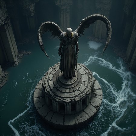 In this eerie night-time photograph, an Aerial shot reveals a Formidable Archangel standing atop a crumbling, ancient altar, its once-beautiful stone surface now weathered and worn by the relentless passage of time. The Archangel's wings are outstretched, as if frozen mid-Twirl, its gaze fixed intently to the right, as if beholding some unseen terror lurking beyond the frame.  Behind the Archangel, the murky waters of the Underworld River Styx churn and writhe, like a living entity, as if reflecting the darkness within its own soul. The air is, <lora:Flux_Turbo_Alpha.safetensors:1.0> <lora:AITK-fluxCine2-000086.safetensors:0.3> cinematic <lora:flux.1_lora_flyway_Epic-detail_v2.safetensors:0.4> epic gorgeous details