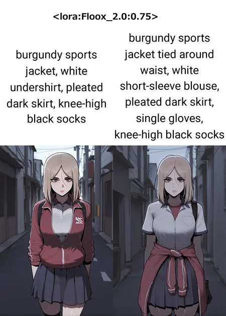 1girl, solo, looking at viewer, emotionless, outdoor,  <lora:Floox_2.0:0.75>
BREAK
 <lora:Shin_Yeong_Kang:0.85>  Shin_Yeong, medium hair, blond hair, dark gray eyes, "burgundy sports jacket, white undershirt, pleated dark skirt, knee-high black socks", masterpiece, best quality, amazing quality, very aesthetic, absurdres,  newest,