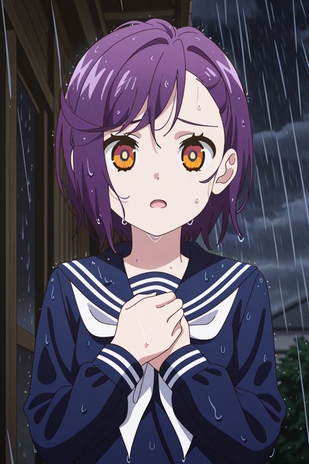<lora:AcroTrip:1>, AcroTrip, 1girl, solo, rain, school uniform, purple hair, serafuku, open mouth, wet, outdoors, neckerchief, upper body, short hair, sailor collar, yellow eyes, white neckerchief, long sleeves, wet hair, looking at viewer, hands on own chest, shirt, sky, blurry background, blurry, blue shirt, night, orange eyes, cloudy sky