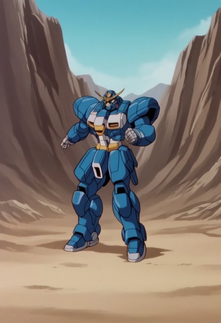 score_8, score_8_up, score_7_up, AWGXS, anime screenshot, retro artstyle,1990s (style), cel animation BREAK  no humans, mobile suit, robot, mecha, daughtress, standing, pointing at viewer, outdoors, mountain,