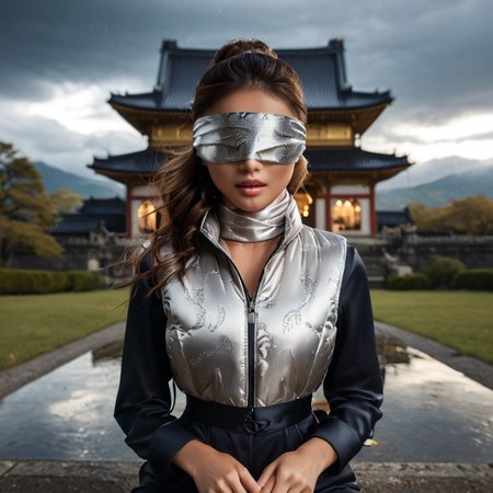 (((dark cinematic still with dark vibes))),one squatting  one japanese professional women,<lora:pony_cropped_puffer_jacket:0.7> cropped_puffer_vest ,  satin catsuit,satin_scarf_blindfold,smile,beautiful eyes,tea,stormy weather,landscape,gleaming diamond palace with golden accents , radiating light, amidst brilliance, glittering professional photography, macro, natural lighting, ,happy,sky,flower ,water,canopy,glitter,luster, (mouth closed)
 <lora:satin_scarf_blindfold:1.2>
<lora:add-detail-xl:1>