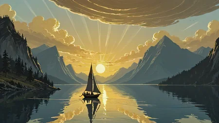 lovecraftian fantasy, D&D, digital art, Bastardcore, landscape of an one keelboat sailing near the shore of a large lake, at Golden hour, broad lighting, L USM, warm light, beautiful composition, drawing, <lora:EnvyPanoramaXL01:1>, great light, advanced cinematic perfect light, dynamic cinematic color, fine detail, fabulous colors, dynamic, creative, highly enhanced